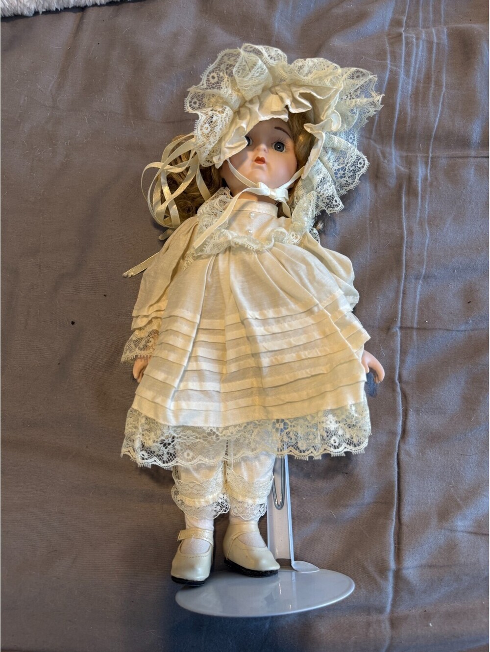 Vintage Porcelain Doll Victorian Ivory Pleated Dress Lace Bonnet Pantaloons w/ S